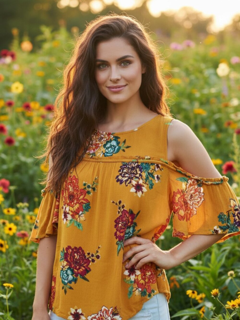 Eyeshadow L Top Yellow Floral Cold Shoulder Ruffle Boho Cottage Chic Canary‎